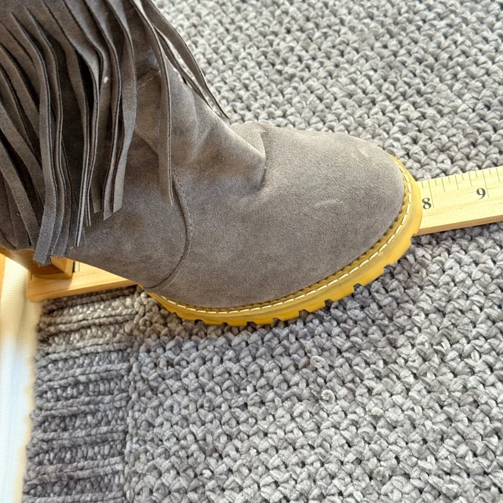 Unbranded Fringe Suede Ankle‎ Boots Size 7 Gray Block Heel Lug Sole Boho Zip